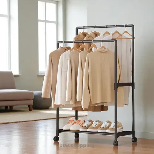 Подвійна стійка-вішак 112×56×30 см на колесах з полицею для взуття