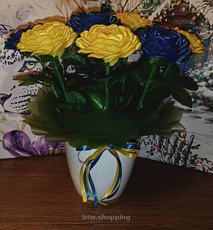 Жовто-сині троянди з атласної стрічки - btw.shopping